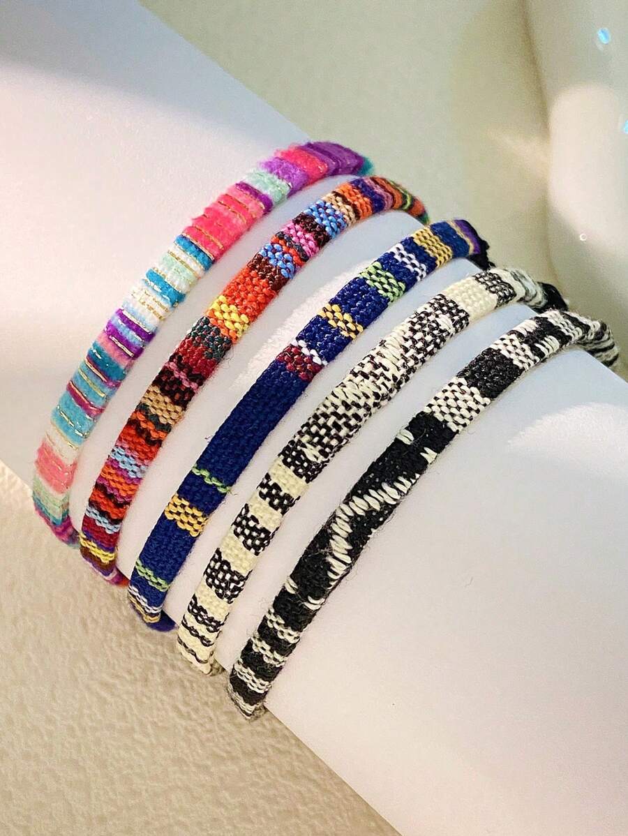 5pcs Bohemian Style Colorful Handwoven Adjustable Anklet Set, Can Be Used As Bracelets, Suitable For Men & Women, Ideal For Beach Vacation, Travel, Daily Casual Wear