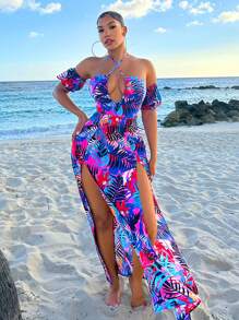 SHEIN SXY Holiday Style Front Drawstring Hollow Out Cross Back Strap Off Shoulder Puff Sleeve High Side Slit Tropical Plant Print Dress - Multicolor - View 1