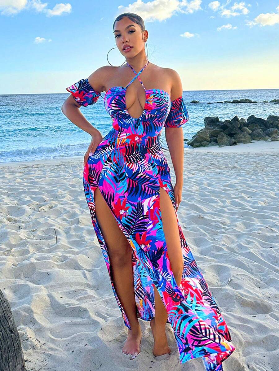 SHEIN SXY Holiday Style Front Drawstring Hollow Out Cross Back Strap Off Shoulder Puff Sleeve High Side Slit Tropical Plant Print Dress - Multicolor - View 1