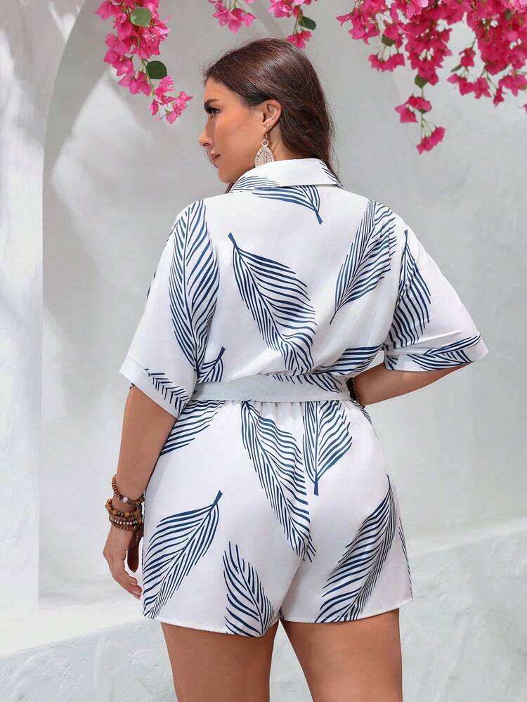 Plus Size Botanical Print Front Button Jumpsuit