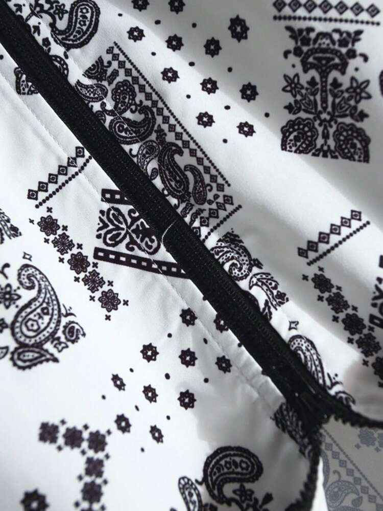 Boys' Casual And Comfortable Paisley Pattern Stand-Collar Short-Sleeved Shirt And Woven Shorts Set