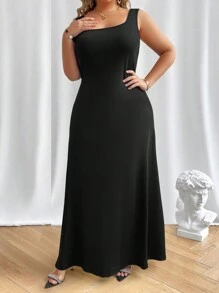 Elenzga Vestido largo de mujer de talla grande con cuello cuadrado y sin mangas en un solo color
