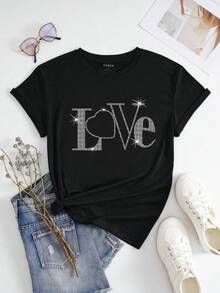 INAWLY Lá thư Và Tim In Ngắn tay Áo thun - màu đen - Xem 5