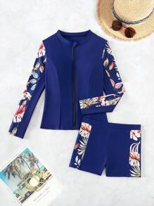 Swim SPRTY Bộ Rashguard dài tay có dây kéo phía trước in hoa & thực vật tương phản dành cho nữ, in ngẫu nhiên, cho kỳ nghỉ ở bãi biển mùa hè - Màu xanh hải quân - Xem 7