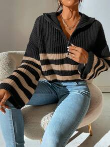Flirla Women's Striped Half Zip Pullover Sweater, Suitable For Spring And Autumn,Long Sleeve Tops, Knit Pullover Fall Winter - Multicolor - View 6