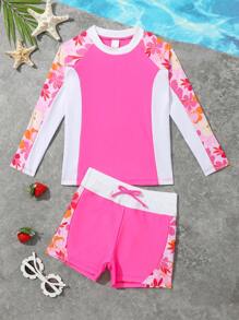 SHEIN Young Girls' Floral Print Long Sleeve Rash Guard Tankini Swimwear Set With Patchwork