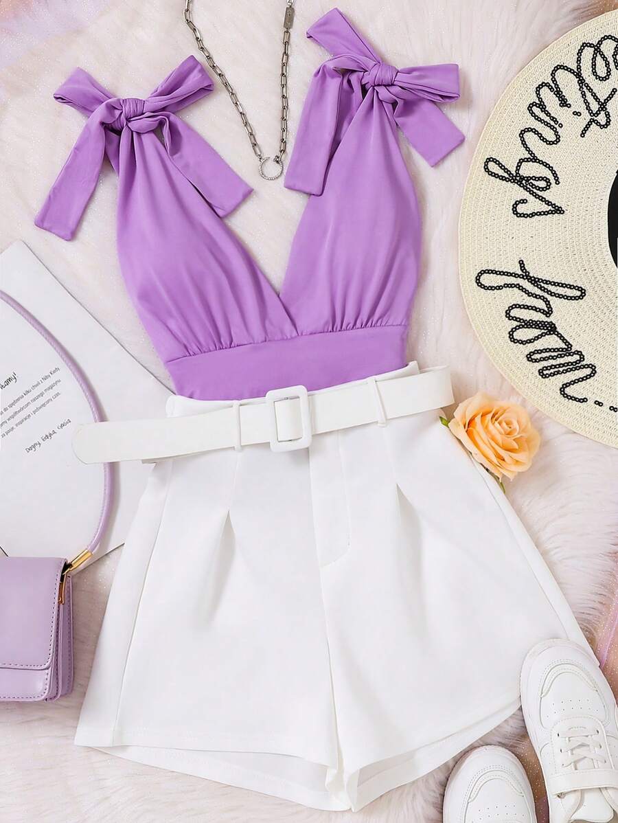 SHEIN Women's Shoulder Tie Vest And Loose Shorts Two Pieces Set For Summer - Multicolor - View 1