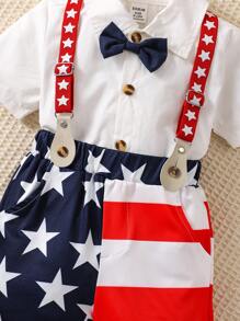 寶寶男孩2件套裝兒童節色塊吊帶短褲，休閒短袖襯衫和色塊吊帶短褲紳士套裝