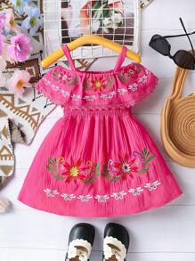 Neues Frühlings- Und Sommerkleid Für Baby Mädchen Mit Floraler Stickerei Und Off-shoulder Design