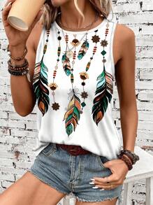 EMERY ROSE Top de tirantes ajustado con estampado retro de plumas para mujeres