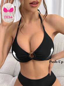 Swim DD+ Summer Beach Ring Linked Halter Bikini Top - Black - View 4
