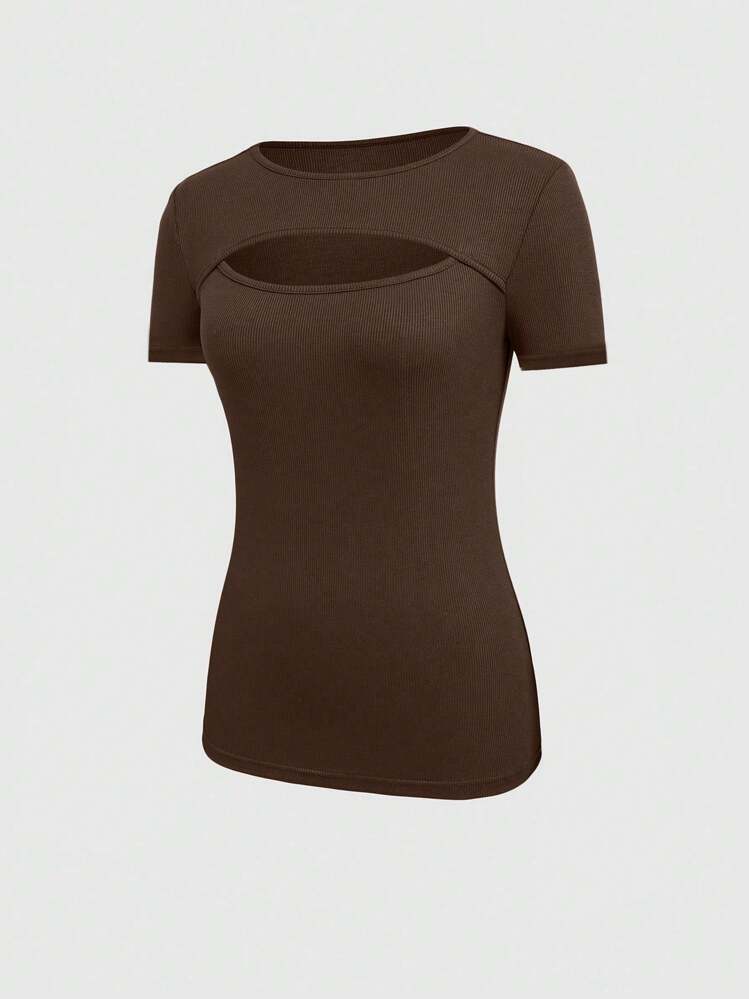 INAWLY Camiseta Feminina De Ajuste Slim, Cor Sólida E Vazada - Castanho - Visão 4