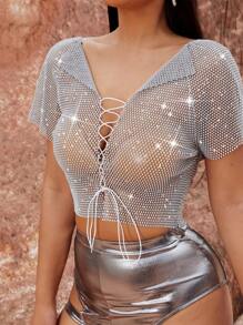 SHEIN SXY Perspective Dazzling Rhinestones Women's Rhinestone And Tie Front Sheer Top - Silver - View 4
