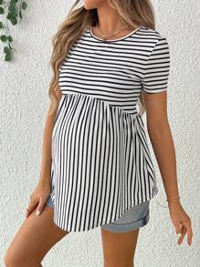 SHEIN Camiseta De Maternidad Cómoda A Rayas De Cintura Alta Para Uso Diario En Verano