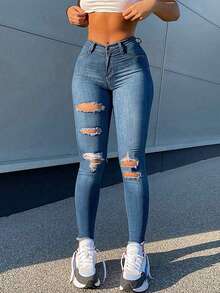 2025 Summer New Arrival Women Casual Washed Distressed Slim Fit Denim Jeans - Blue - View 3