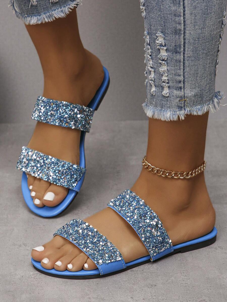 Kích thước lớn 35-43 Của phụ nữ Ngoài trời Mùa hè Đúng mốt Xanh chất liệu da PU Dép đi trong nhà Với Pha lê , Mềm mại Chóp giầy tròn Dép phẳng Đối với Hằng ngày Mặc - Màu xanh lam - Xem 1