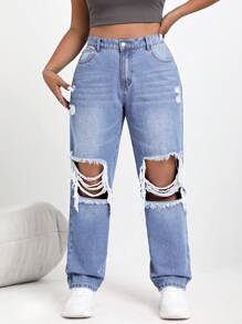 SHEIN ICON Kích thước lớn Của phụ nữ Quần jean Với Túi Và Đau khổ Hố - Rửa nhẹ - Xem 3