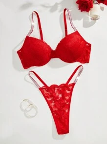 ثوب النوم المكون من حمّالة الصدر ذات الأسلاك والبنطلون الداخلي بنقش الدانتيل الزهري - الأحمر - مشاهدة 4