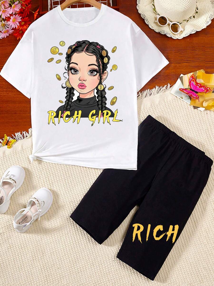 Cô gái Tween Nhân Vật Hoạt Hình & In thư Giải trí Áo thun Và Quần short xe đạp Bộ - trắng - Xem 1