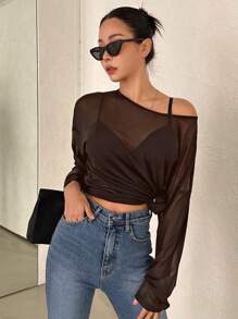 DAZY 純色寬鬆透明長袖圓領女款夏季休閒上衣