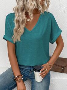 SHEIN LUNE Solid Color V-Neck Short Sleeve Summer Casual T-Shirt