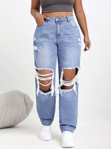 SHEIN ICON Kích thước lớn Của phụ nữ Quần jean Với Túi Và Đau khổ Hố - Rửa nhẹ - Xem 1