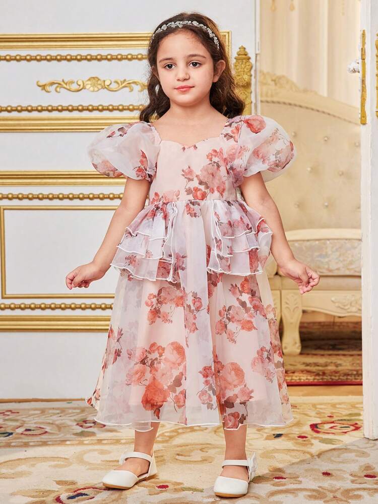 Young Girls' Lovely Sweetheart Collar Floral Printed Puff Sleeve Dress