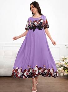 SHEIN Maternity Floral Print Short Sleeve Round Neck Summer Dress - Mauve Purple - View 3