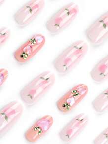 ROMWE Kawaii 24入組粉色鑽石全覆蓋可拆式假指甲套裝 - 淺粉色 - 查看 3