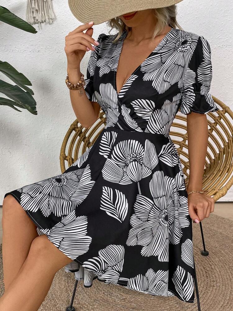 Flower Print High-Low Hem Dress For Summer