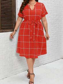 SHEIN LUNE Kích thước lớn In kẻ sọc Khía Đường viền cổ áo Đầm - Màu Đỏ Sâu - Xem 3