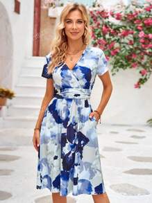 Short Sleeve V-Neck Side Pocket Printed Dress