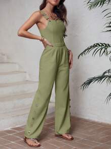 SHEIN LUNE Overoles lisos de mujer decorados con botones - Verde militar - Ver 4