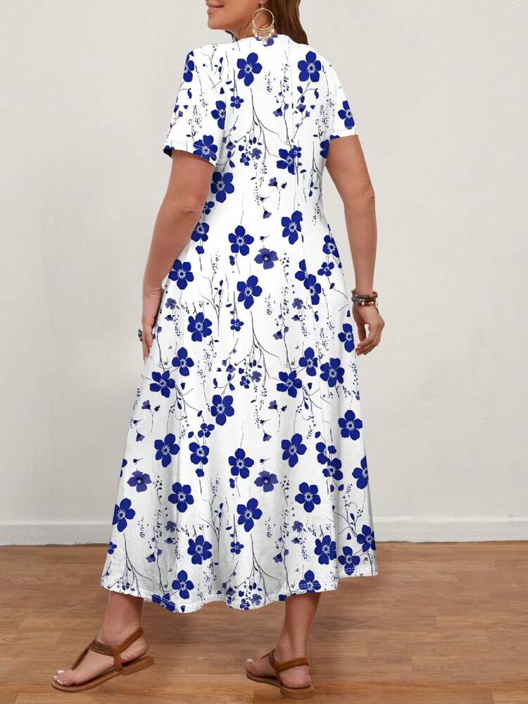 Plus Size Women Blue Floral Print Long Fitted Dress, Casual,Flower/Spring/Summer/Vacation