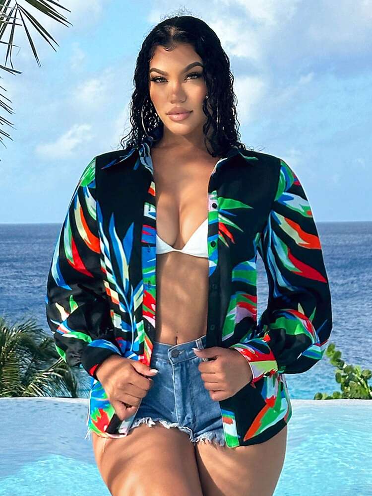 Tropical Plant Print Vacation Style Curved Hem Shirt Beach Vacation Women Boho Women Spring Summer Women Holiday Birthday Bachelorette Party White Beach Cover Up