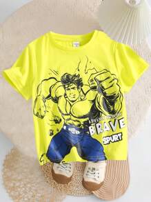 SHEIN Áo thun tay ngắn tay, ôm dáng, vai tròn, họa tiết hoạt hình, dành cho bé trai, kiểu dáng thể thao thường ngày, phong cách sinh viên. - màu xanh lá - Xem 1