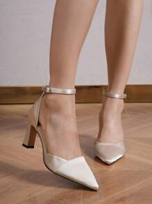 尖头纯色皮带扣细高跟鞋，简约时尚，适合情人节、优雅派对、婚礼等场合穿着。 - 米色 - 查看 3