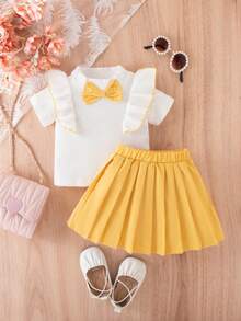 嬰兒女孩彩色區塊扣環短袖上衣，飾有荷葉邊和裙子 - 黃色 - 查看 3