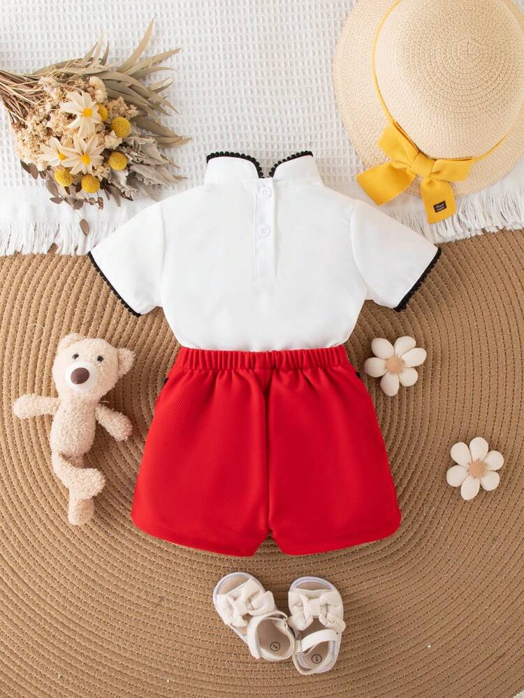 Baby Girl/'s Casual Cute Contrast Trim Shirt And Shorts Set For Summer
