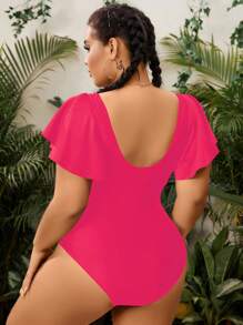 Swim Lushoire Traje de baño de una pieza con mangas estilo flutter y detalle fruncido en tamaño grande para verano en la playa con unicolor