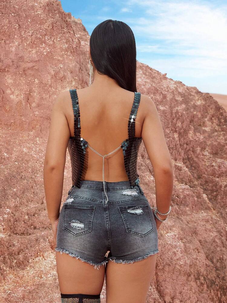 Music Festival Western Style Boho Fashion Gorgeous Women's Black Aluminum Squares Spliced Metallic Sexy Resort Nightclub Charming High-End Elegant Fitted Short Shoulder Straps Adjustable Short Tank Top