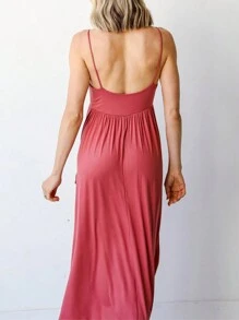 SHEIN LUNE Women's Solid Color Long Flared Spaghetti Strap Dress - Pink - View 2
