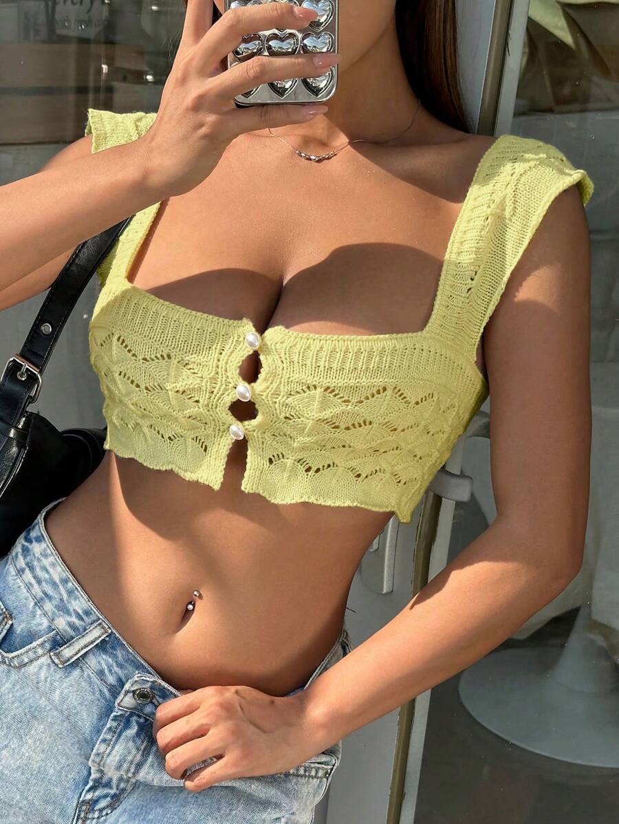 SHEIN Unity Top De Punto Pointelle Recortado De Un Solo Color Para Mujeres, Perfecto Para El Verano - Amarillo - Ver 1