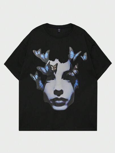 Street Life تي شيرت صيفي عادي مطبوع بالنمرة والفراشة والشخصية لرجال ، برقبة دائرية و أكمام قصيرة