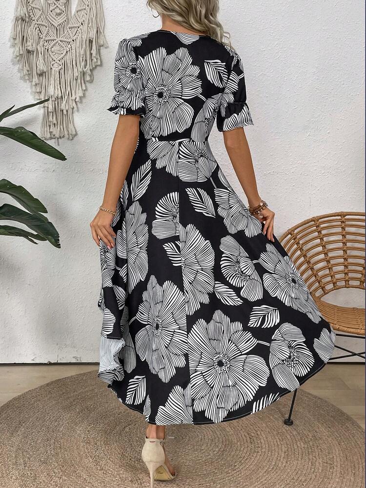 Flower Print High-Low Hem Dress For Summer