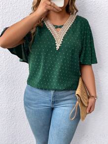SHEIN LUNE Plus Size Ladies' Swiss Dot Lace Contrast Ruffle Sleeve Blouse - Green - View 4