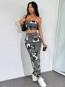 SHEIN EZwear Conjunto De Top Bandeau Tejido Para Mujeres Y Falda Larga Con Estampado De Eslogan, Ideal Para Verano - Negro - Ver 5