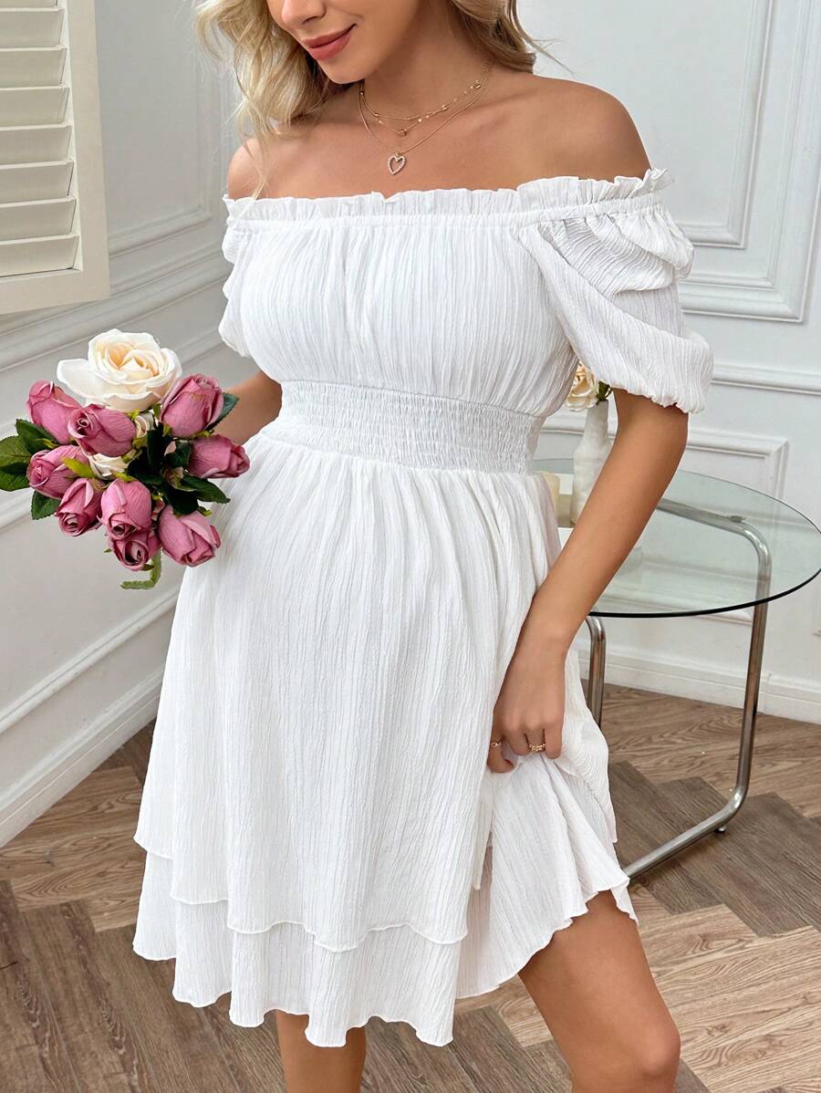 SHEIN Thai sản Textured Off-shoulder Eo Kẹp chặt Mùa hè Ngày lễ Đầm - trắng - Xem 1