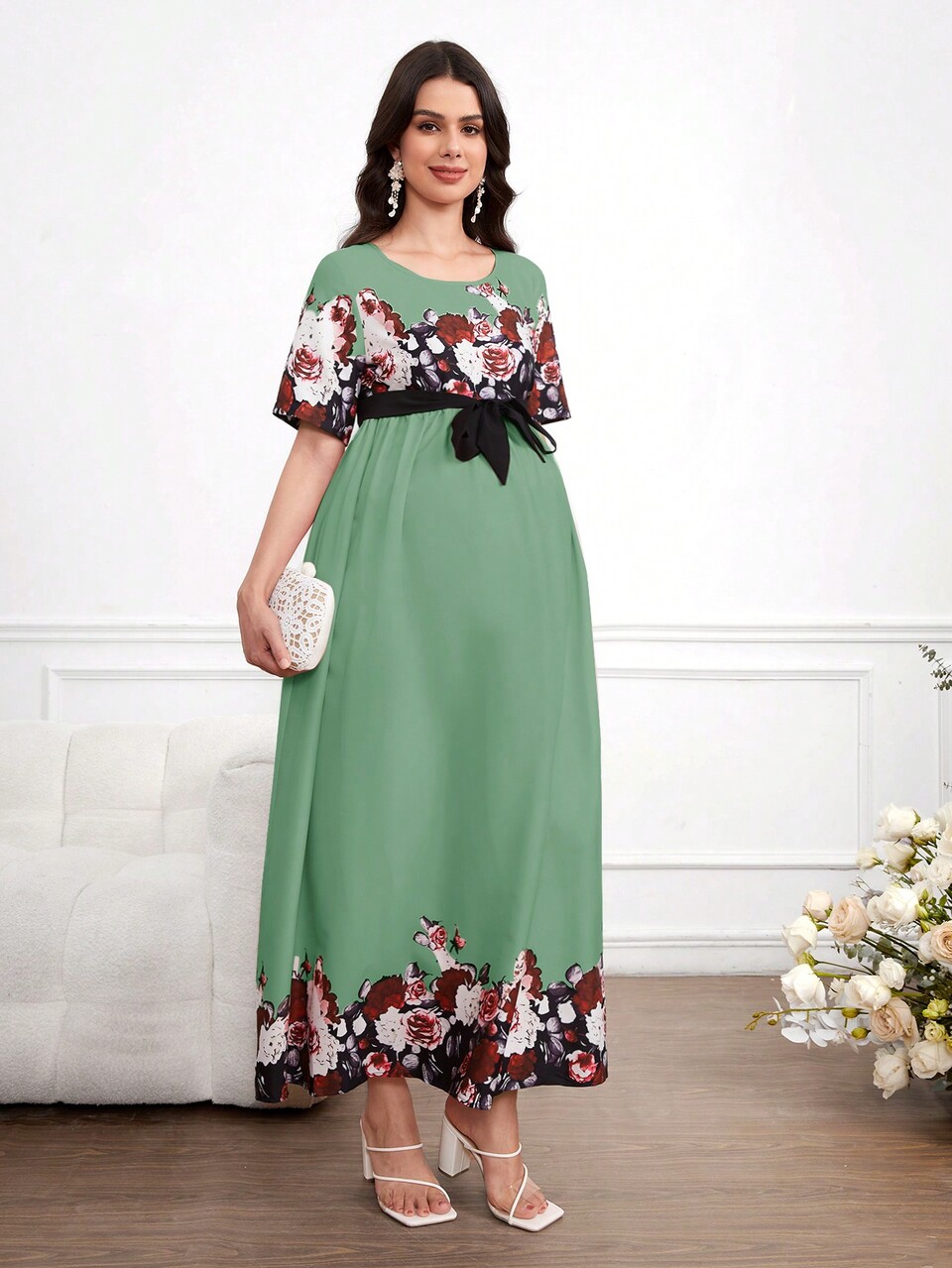 Maternity Fashionable Short Sleeve Printed Dress