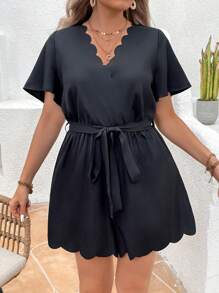 SHEIN VCAY Kích thước lớn Chất rắn Phong cách bãi biển Romper Với Viền sò - màu đen - Xem 4